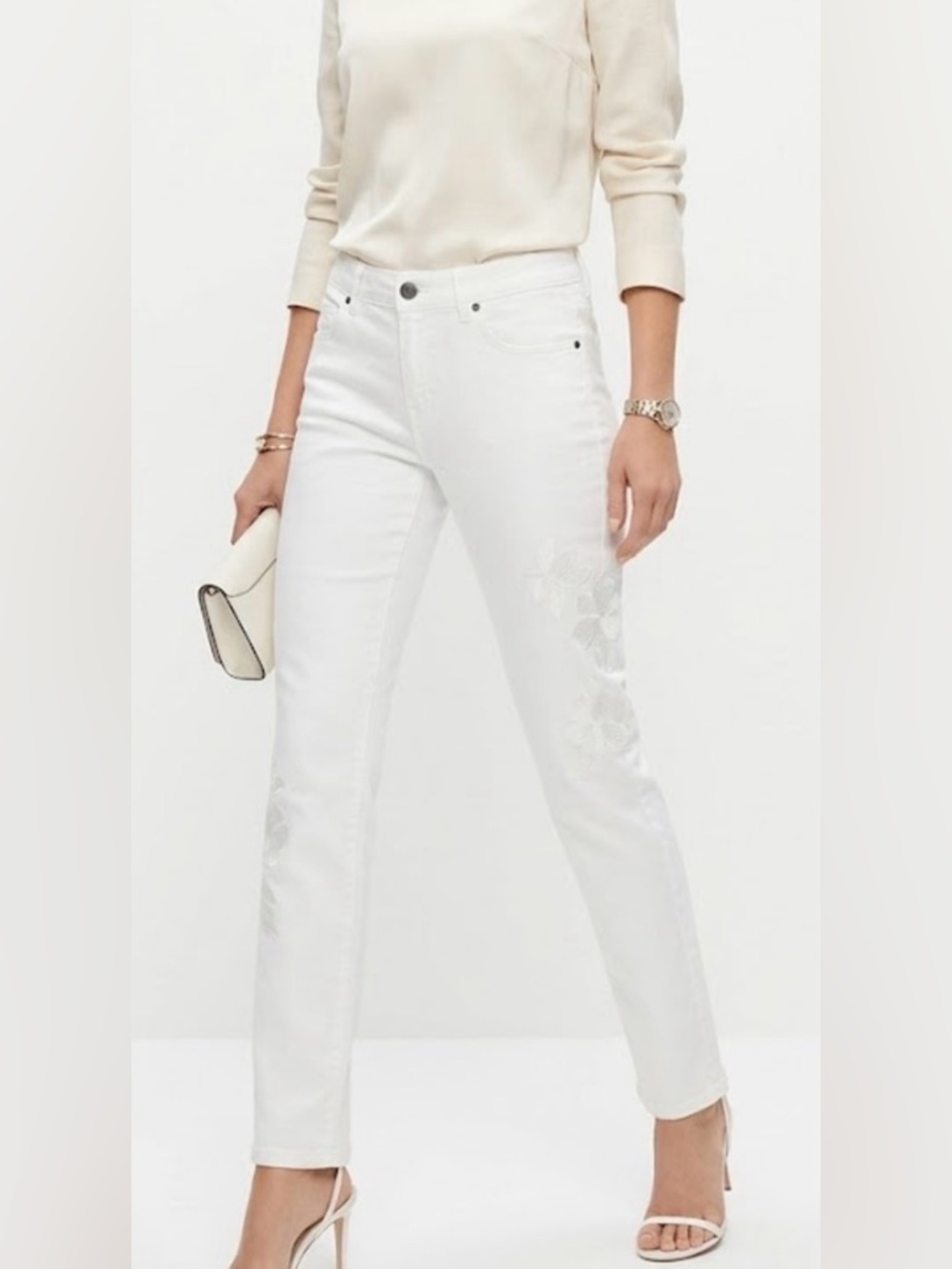 CAbi White Straight-Leg Jeans with Subtle Floral Embroidery